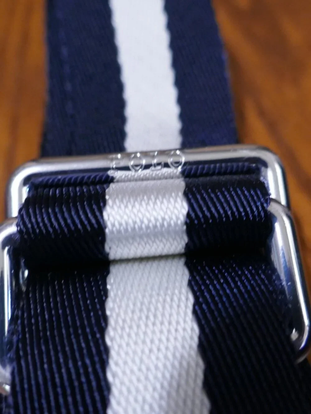 Polo Ralph Lauren Navy and White Striped Fabric Webbed Belt Leather Trim 42